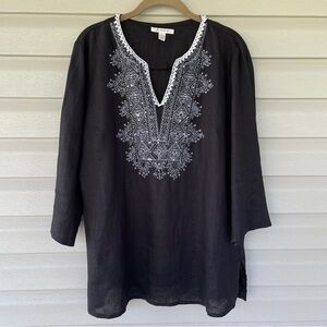 JM Collection Black Linen Embellished Tunic Top Size 12